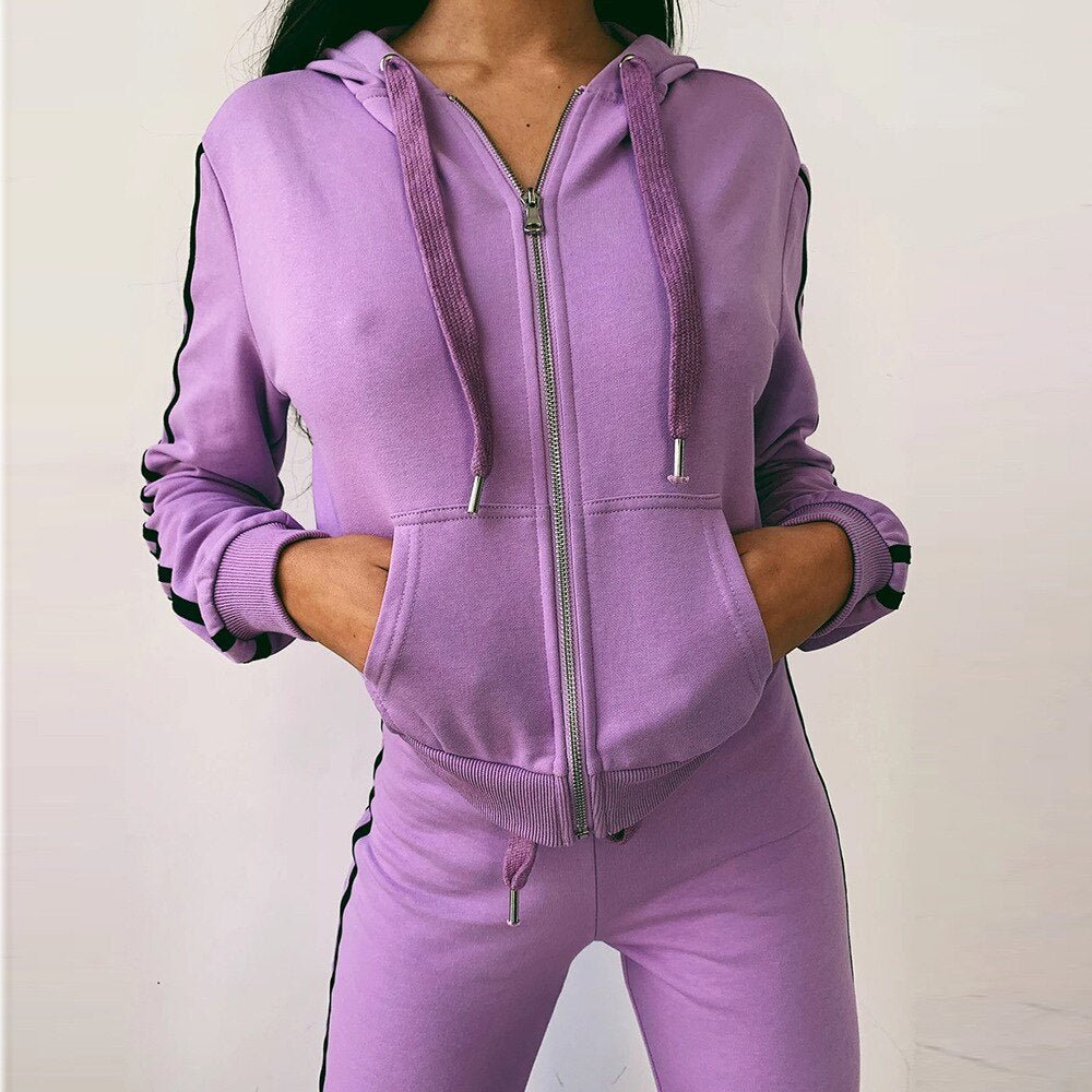 Autumn Hooded Zipper Tracksuit Set For Women Casual Gym Running Sports Work Out Outfits Striped Long Sleeve Pencil Pants Suit