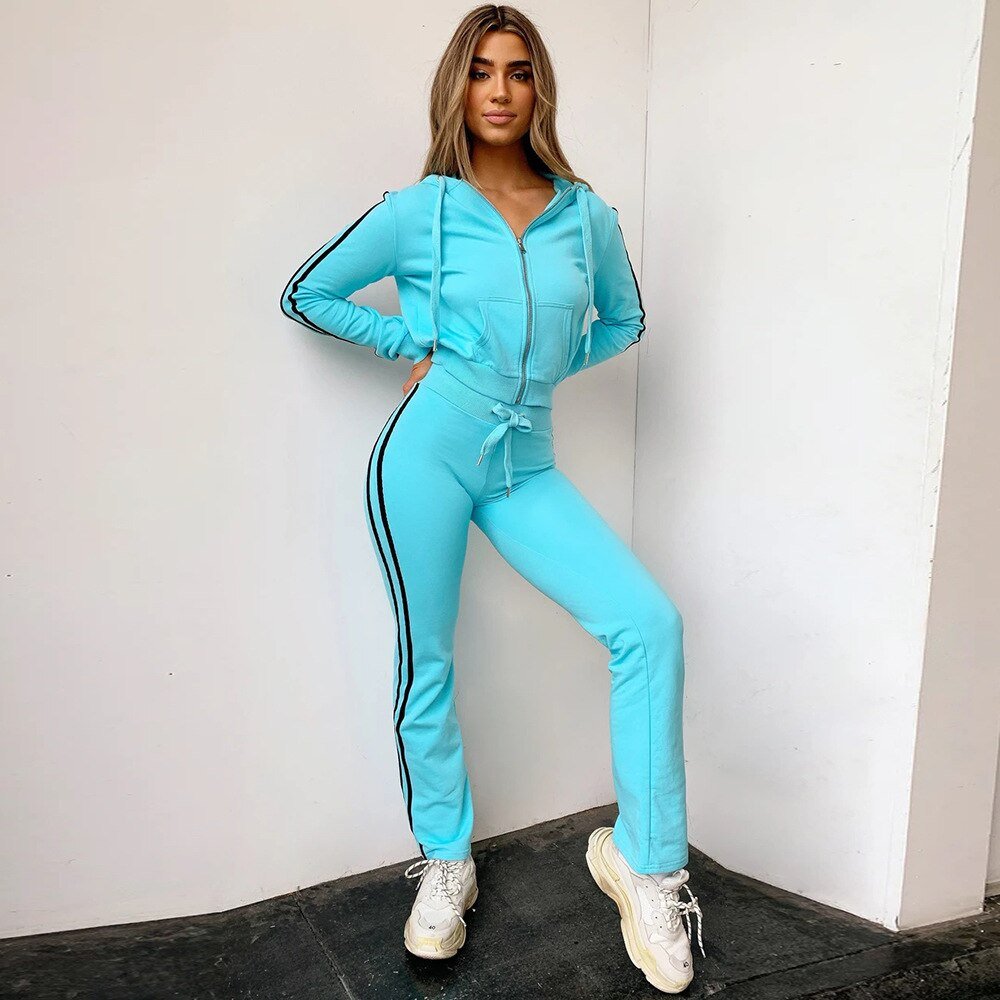 Autumn Hooded Zipper Tracksuit Set For Women Casual Gym Running Sports Work Out Outfits Striped Long Sleeve Pencil Pants Suit