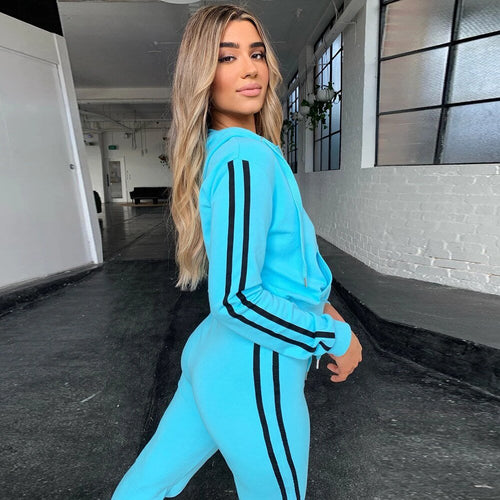 Autumn Hooded Zipper Tracksuit Set For Women Casual Gym Running Sports Work Out Outfits Striped Long Sleeve Pencil Pants Suit