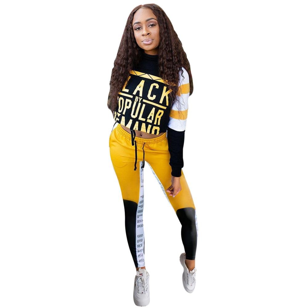 Autumn Letter Print Two Piece Tracksuit Set Women Color Patchwork Fitness Sports Suit Casual Gym women's Sportswear Outfits