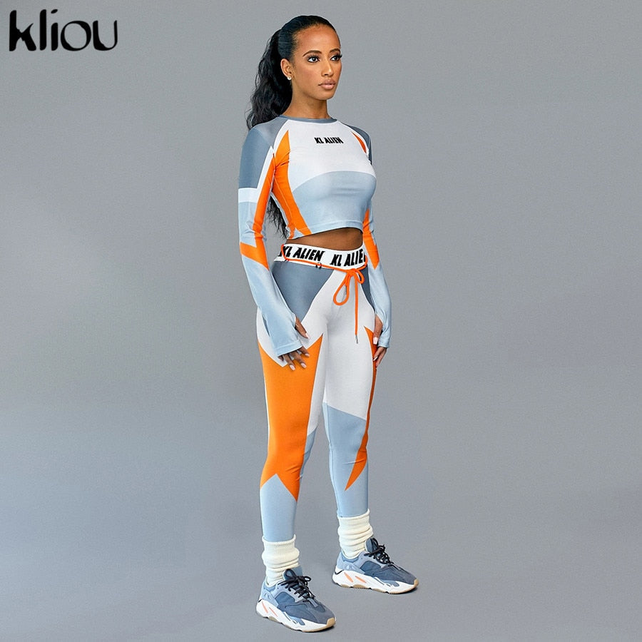 Women Long Sleeve CropTop Slim Outfit Tracksuit Two Pieces Set letter Print High elastic Skinny Leggings Female Sportswear