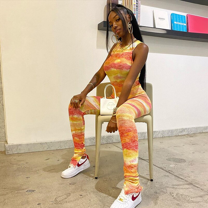 Tie Dye Print Women Sports Tracksuit Fashion Tank Crop Top Slim Pants  Sexy Running Workout Two Piece Sets Energy Fitness Set