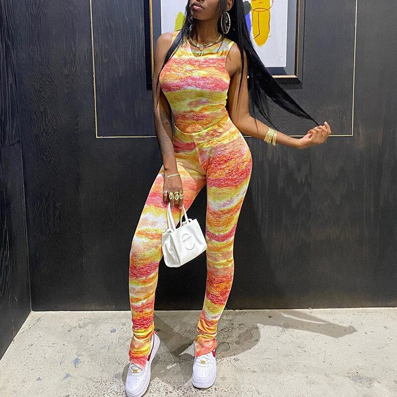 Tie Dye Print Women Sports Tracksuit Fashion Tank Crop Top Slim Pants  Sexy Running Workout Two Piece Sets Energy Fitness Set