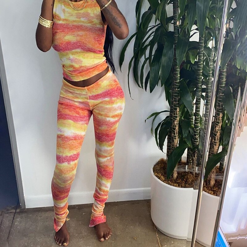 Tie Dye Print Women Sports Tracksuit Fashion Tank Crop Top Slim Pants  Sexy Running Workout Two Piece Sets Energy Fitness Set