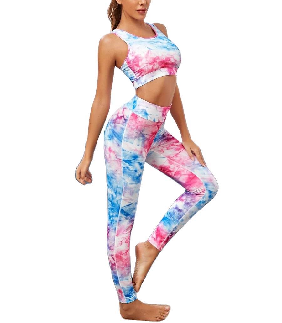 Women Tie Dye Print Yoga Suit Gym Slim Tracksuit Tank Crop Top Leggings Two Piece Set Casual Sports Running Suit  Hot Sale