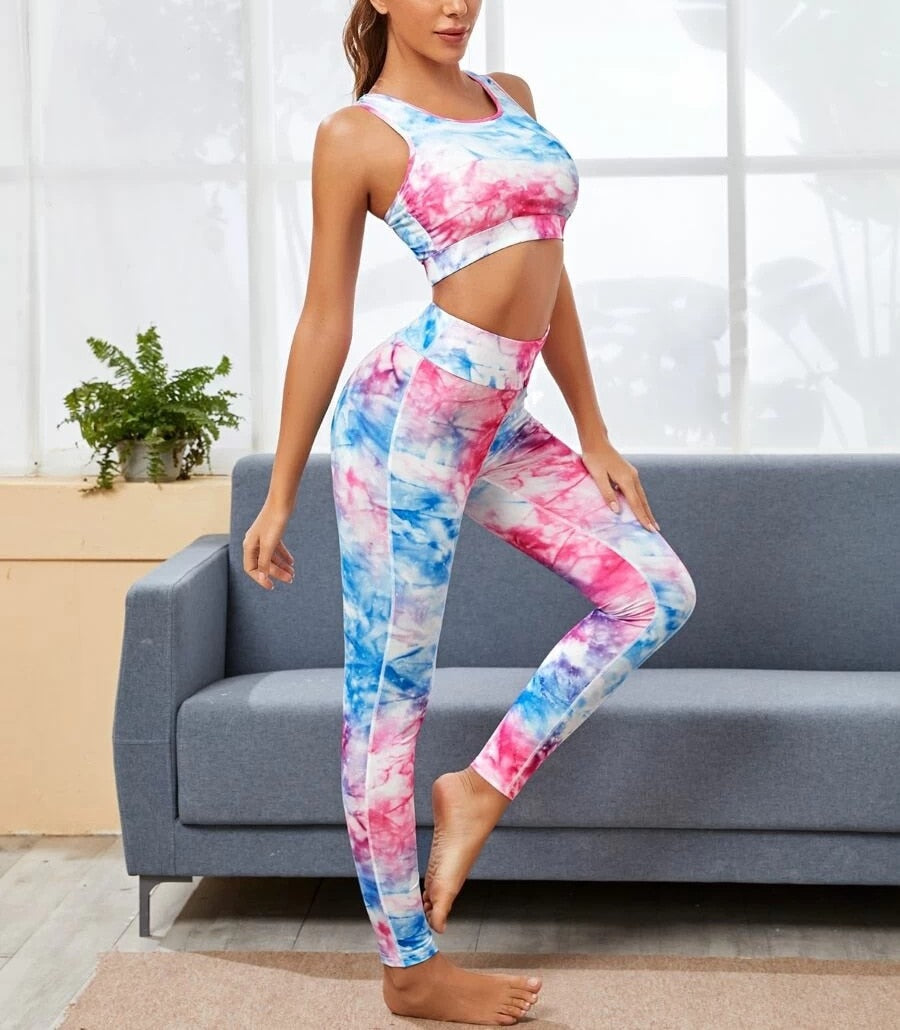 Women Tie Dye Print Yoga Suit Gym Slim Tracksuit Tank Crop Top Leggings Two Piece Set Casual Sports Running Suit  Hot Sale
